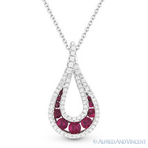 0.58 ct Red Ruby &amp; Diamond Pave Tear-Drop Necklace Pendant in 14k White Gold - £1,119.75 GBP