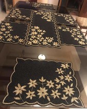 Black And Gold Floral Beaded Dining Set With 1 Table Runner 6 Mats And 6 Coaster - £164.06 GBP