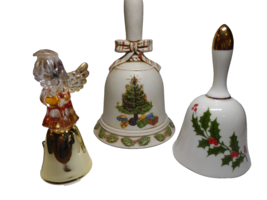 3 Vintage Christmas Bells Porcelain Ceramic Plastic Metal Angel Tree Holly Leave - £18.18 GBP