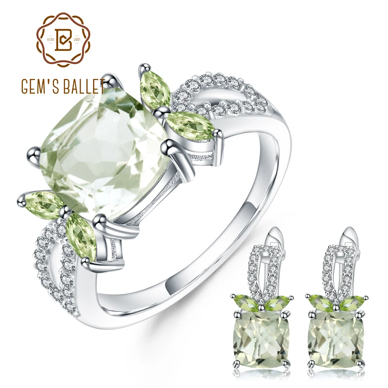  925 sterling silver gemstone jewelry set 7 64ct natural green prasiolite earrings ring thumb200