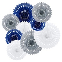 9Pcs Navy Blue Gray White Origami Paper Party Fan Paper Rosettes Nautical Baby B - £15.65 GBP