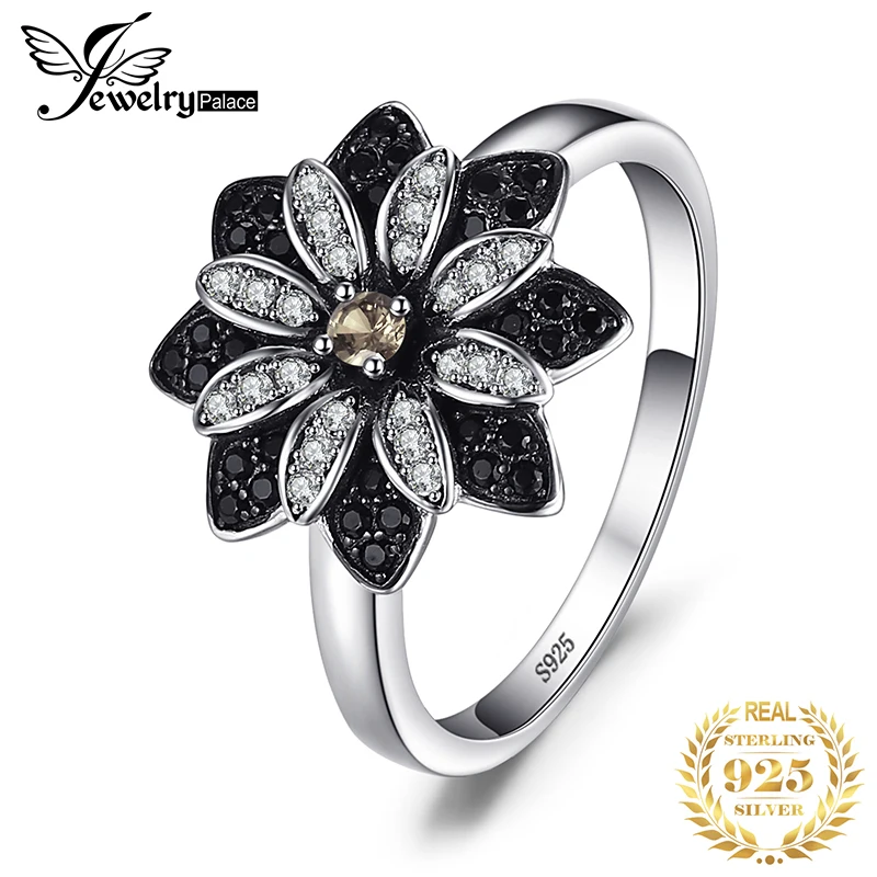 Flower Genuine Smoky Quartz Black Spinel 925 Sterling Silver Cocktail Ring for W - £23.67 GBP