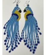 Blue Macaw Bird Glass Seed Bead Fringe Earrings - Handmade - £39.51 GBP