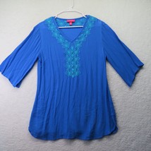 Lilly Pulitzer Shirt Womens Small Petite Tunic Blue Embroidered Yoke 3/4 Sleeves - £17.12 GBP