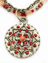 Vintage Two Strand Beaded Coral Silver Tone BOHO Pendant Necklace - £15.08 GBP