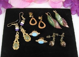 FUN 5 PAIRS Vintage EARRINGS Pierced TIGERS EYE Leaf COPPER Dangle Blue ... - $15.83