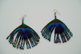 Vintage 8.8cm Peacock Feather Dangle Earrings - $11.09