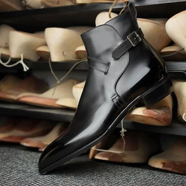 New Handmade Men&#39;s Jodhpurs Black Cowhide Leather Ankle High Dress Forma... - $179.99