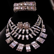 Designer Necklace set  baguette Wide bracelet  crystal clip earrings sig... - £219.17 GBP