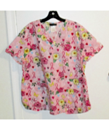 Cherokee Scrub Top  XL Pink Breast Cancer Awareness Hearts Ribbons - $167.24 MXN