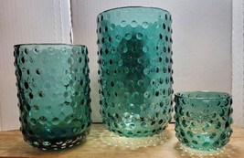 Set Of 3 - Vintage Teal Blue Hobnail Art Glass Flower Vase Desk Shelf Decor - £38.44 GBP