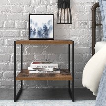 Industrial Modern Black Metal Brown Wood Top Nightstand End Table with Shelf - £95.23 GBP