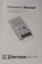 Vintage Emerson Slim Line Cassette Record Player Manual Model CRC 90S - $3.99