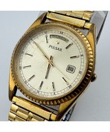 VTG Pulsar Quartz Watch Men Gold Tone Fluted Bezel Day Date Stretch New ... - $616.98 MXN