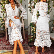 Vintage Sexy Hollow Out Lace V Neck Long-sleeved  Dress - £55.10 GBP