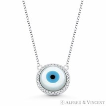 Evil Eye Charm Mother-of-Pearl &amp; CZ 13mm Pendant Necklace in 925 Sterling Silver - £20.18 GBP