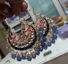 Bollywood Style Indian Kundan Enameled Blue Bali Hoop Earrings Jewelry Set - £22.77 GBP