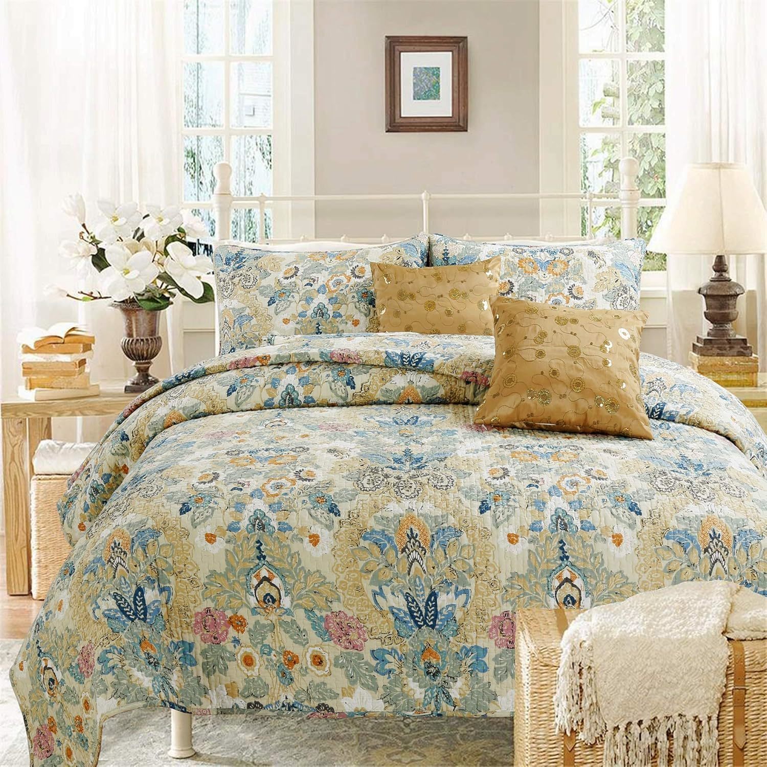 Luxury Classic Bedding Quilt Set, 100% Cotton Beige Blue Floral Pink Flower Bohe