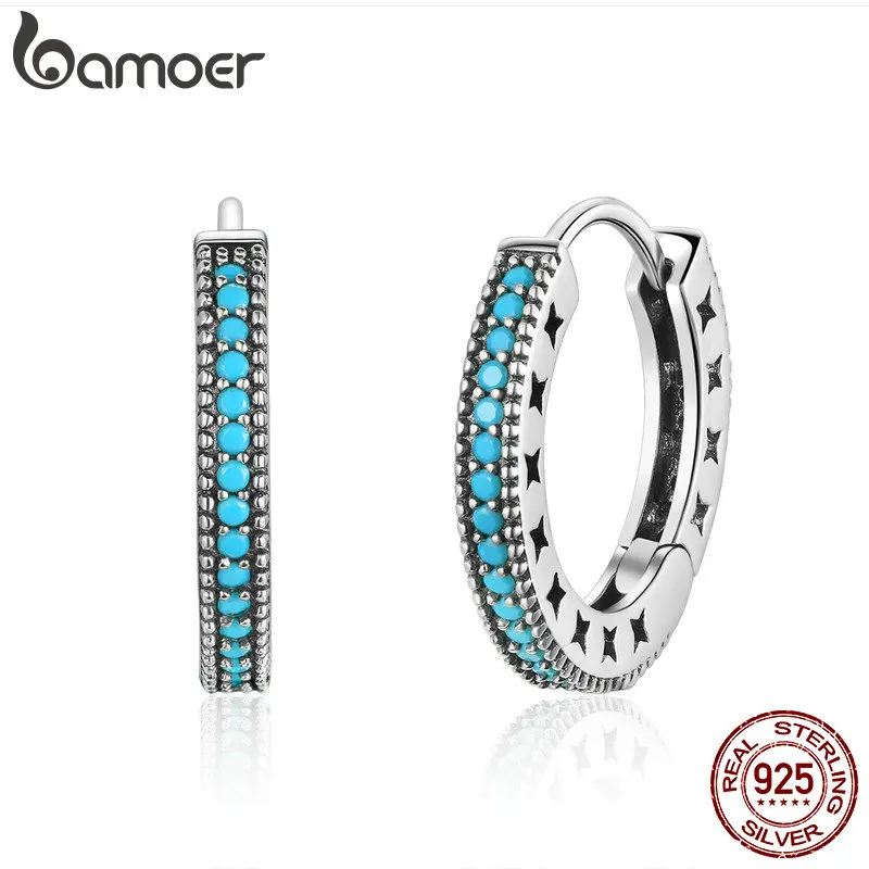 Genuine 925 Sterling Silver Blue Turquoise Hollow Star Hoop Earrings for Women G - £20.40 GBP