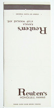 Reuben&#39;s - Honolulu, Hawaii Restaurant 30 Strike Matchbook Cover HI Matchcover - £1.31 GBP