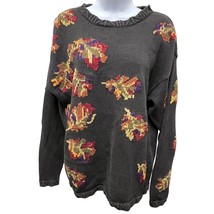 Vintage 90s Intarsia Leaf Knit Sweater Black Cotton Ramie Grunge Y2K M Fall - $37.99