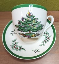 Spode Christmas Tree Flat Cup &amp; Saucer Set Green Trim England S3324 Vintage - $22.15