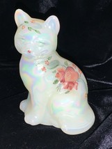 Vintage Fenton Art Glass Hand Painted Roses &amp; Hearts Sitting Cat Figurine - £77.87 GBP