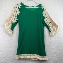 Umgee Womens Tunic Dress Size Small Kelly Green Crochet Flowers Fringe Hems Boho - £19.45 GBP