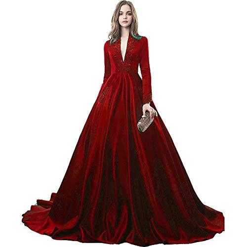Vintage Long Sleeves Beaded V Neck Formal Evening Gown Prom Dress Wine Red US 10