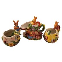 Vtg Merc Asia 5PC Bunny Rabbit Garden Party Creamer + 2 Tea Cups w/Spoon Ceramic - £12.41 GBP