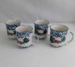 Set of (4) Tienshan Folkcraft 12 oz Mugs / Cups Cabin In The Snow Christmas  - $11.59