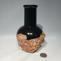 VTG Terrafirma Pottery 6.5&quot; Black Bottle Vase w Clay Grapes Leaves Signed 1998 - £39.12 GBP