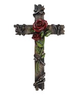 Rustic Western Red Roses Stalk With Barbed Wires Faux Wooden Wall Cross ... - $34.24 CAD