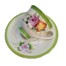 Vintage Demitasse Tea Cup Saucer Set Occupied Japan Porcelain Green Floral - $21.55
