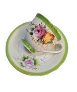 Vintage Demitasse Tea Cup Saucer Set Occupied Japan Porcelain Green Floral - £16.95 GBP