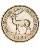 Mauritius Half Rupee, 1951 Unc~RARE~570,000 Minted~STAG~Free Shipping #A61 - $27.23