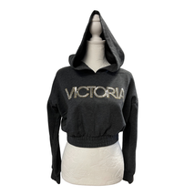Victoria Sport Hoodie Women&#39;s Small Dark Gray Cropped Sweatshirt Sequin Logo - £11.55 GBP