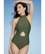 Kona Sol Swimsuit Bathing Suit Size M Green High Neck Cut Out Front Open... - $43.17 CAD
