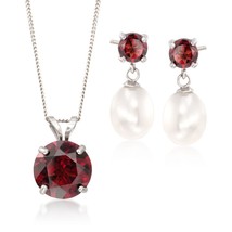 2.70 ct. Garnet and 7-7.5mm Pearl Sterling Silver Set Earrings & Necklace Set - £67.70 GBP