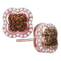 10k Rose Gold Round Brown Diamond Quaterfoil Cluster Stud Earrings - £399.60 GBP