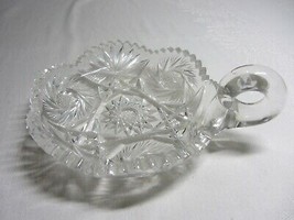 Vintage Cut Glass Candy Dish Bowl w Finger Loop Scalloped Saw tooth Edge - £19.85 GBP