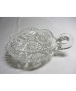 Vintage Cut Glass Candy Dish Bowl w Finger Loop Scalloped Saw tooth Edge - £20.11 GBP