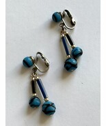 Vintage Clip Earrings Lewis Segal ?Blue Art Glass Handmade Bead Dangles ... - $24.68 CAD