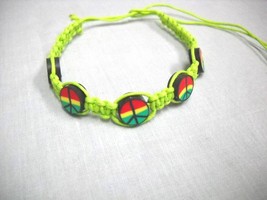 LIME GREEN MACRAME w RASTA COLOR PEACE SIGN BEADS REGGAE TIE BRACELET / ... - €4,31 EUR