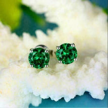 2 Ct Round Cut Green Emerald Women&#39;s Stud Earrings 14K White Gold Finish - £39.04 GBP