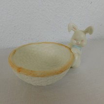 Porcelain Bunny with Basket Ring Trinket Dish Rabbit 3&quot; Dia Bowl Blue Bow 2.5&quot; - £7.79 GBP