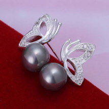 Butterfly Black Pearl Stud Earrings Set Silver - £10.41 GBP