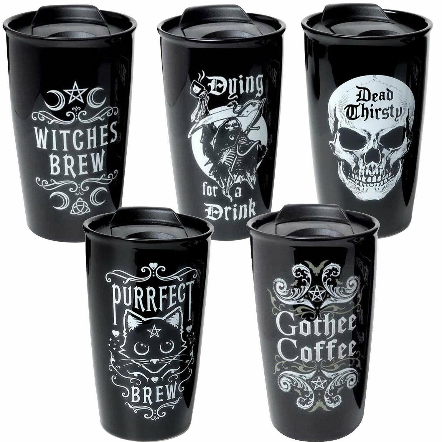 Alchemy Gothic Ceramic Travel Coffee Mug Witches Purrfect Brew Gothee Cat Cup - $19.95