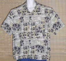 Munsingwear Hawaiian Shirt Black Gray Yellow Palm Trees Cabanas Size XL - $23.99