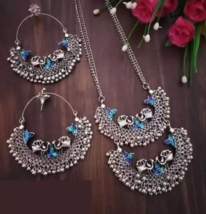 Indian Bollywood Style Silver CZ Oxidized Necklace Jhumka Earrings Jewelry Set - £13.75 GBP